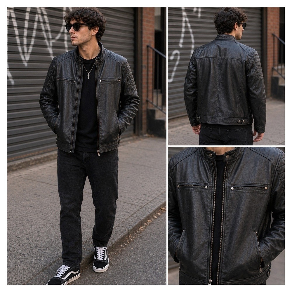 American Culture Faux Leather Moto Jacket Mens M Black Sherpa Lined Cafe Racer